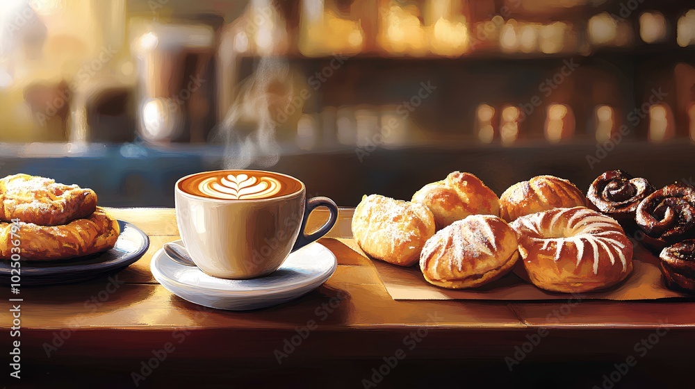 A cozy scene featuring a cup of coffee surrounded by assorted pastries, showcasing a warm, inviting atmosphere for a delightful snack time. A cozy scene featuring a cup of coffee surrounded by assorted pastries, showcasing a warm, inviting atmosphere for a delightful snack time.