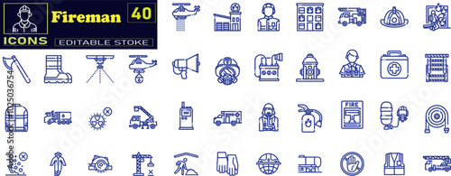 Firefighter icon set. Containing fireman, fire truck, hose, fire station, house fire icons .