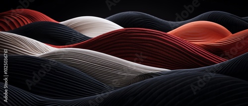 A stunning abstract representation featuring undulating waves in rich black, red, and white hues, creating a mesmerizing visual rhythm.