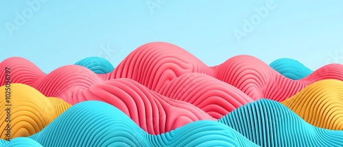 A vibrant, abstract landscape featuring colorful, wavy shapes in pink, blue, and yellow against a clear sky backdrop.
