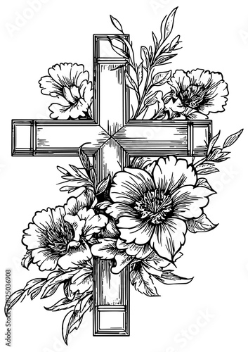 Christian cross with flowers line art sketch in black 