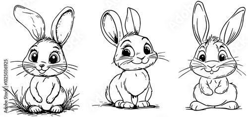 Set of three cute cartoon easter bunnies in black, isolated 