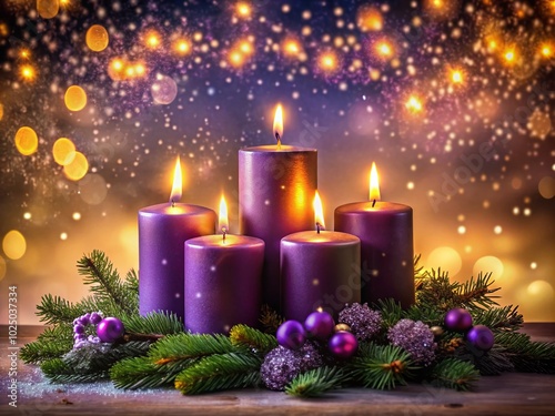 Advent Celebration with Four Purple Candles Surrounded by Enchanting Mystery Lights for a Festive Atmosphere