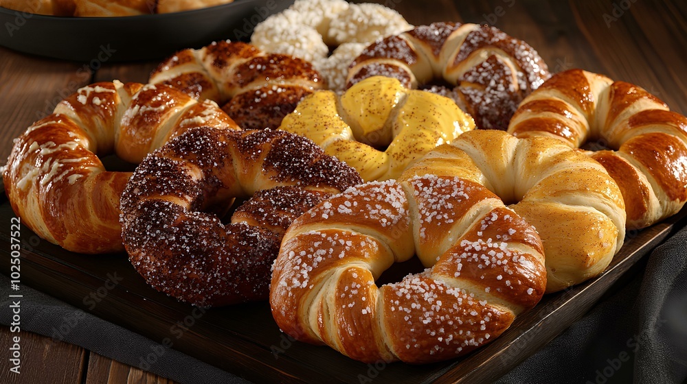 A delightful array of various baked pastries, showcasing vibrant colors and textures on a rustic tray. A delightful array of various baked pastries, showcasing vibrant colors and textures on a rustic tray.