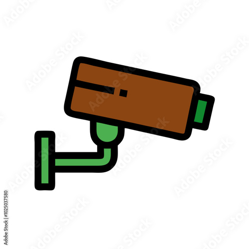 Security camera vector icon, surveillance technology concept, minimalist line art style, icon on transparent background, low-rise construction theme, green-brown color palette