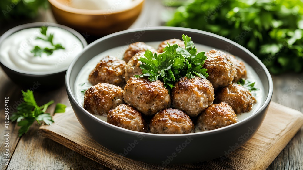 A bowl of flavorful meatballs garnished with fresh herbs, served with creamy sauce, showcasing a delicious and appetizing dish. A bowl of flavorful meatballs garnished with fresh herbs, served with creamy sauce, showcasing a delicious and appetizing dish.