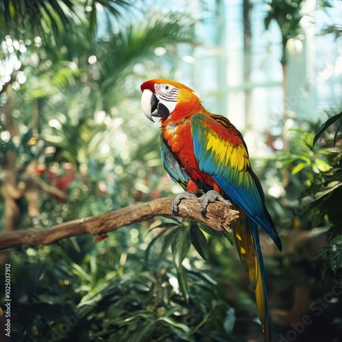 Colorful Macaw Parrot on Tropical Tree Branch