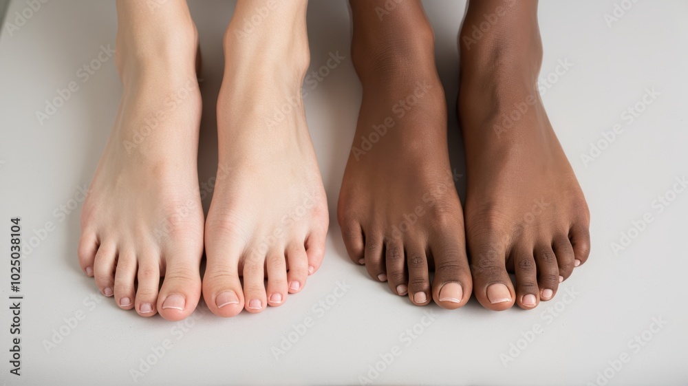 Close-up of two pairs of feet with different skin tones placed side by side on a neutral background. Close-up of two pairs of feet with different skin tones placed side by side on a neutral background.