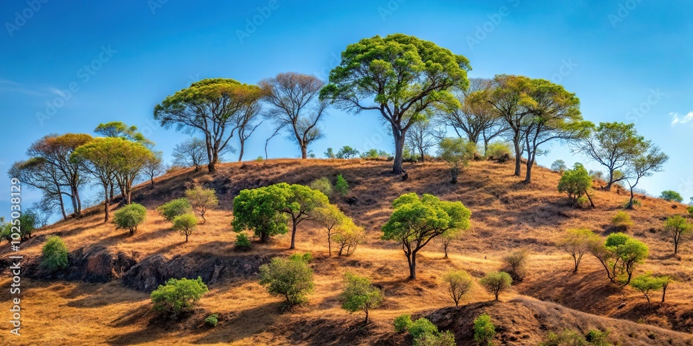 Trees on a mountain during dry season with hot weather Trees on a mountain during dry season with hot weather