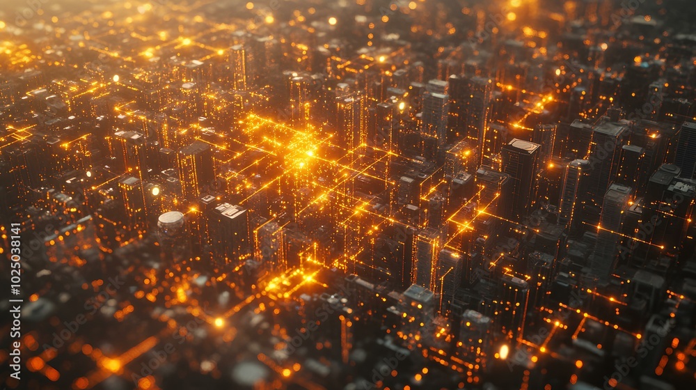 Obraz premium Aerial view of a vibrant cityscape illuminated with orange lights, showcasing a network of buildings and streets at night.