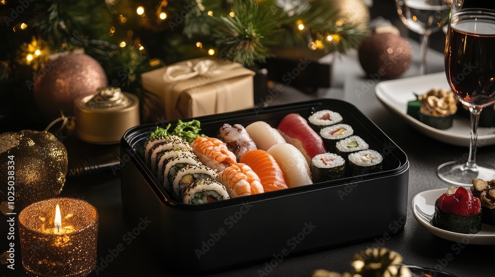 Sushi set in a black container with photo frame and Christmas attributes. AI generated illustration. Sushi set in a black container with photo frame and Christmas attributes. AI generated illustration.