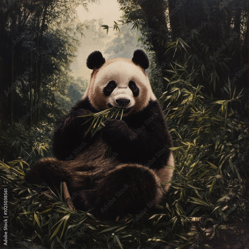 Obraz premium Adorable Panda Devouring Bamboo in Soft Light 1