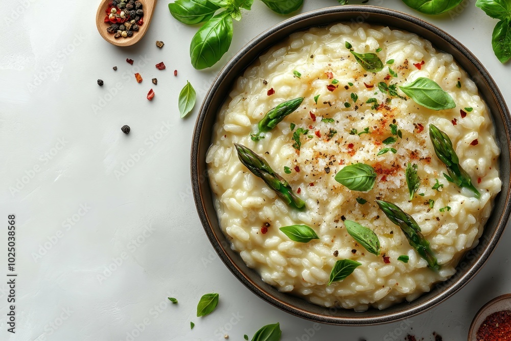 Classic risotto with asparagus and parmesan, placed on the right side of a clean white table, professional overhead shot. Classic risotto with asparagus and parmesan, placed on the right side of a clean white table, professional overhead shot.