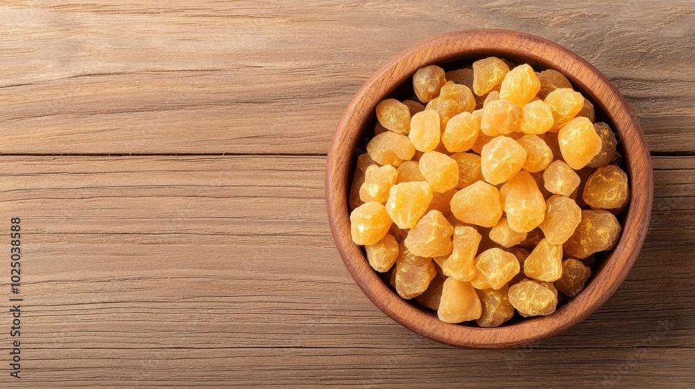 Bowl of yellow resin pieces on a wooden surface, natural and organic ingredients. Bowl of yellow resin pieces on a wooden surface, natural and organic ingredients.