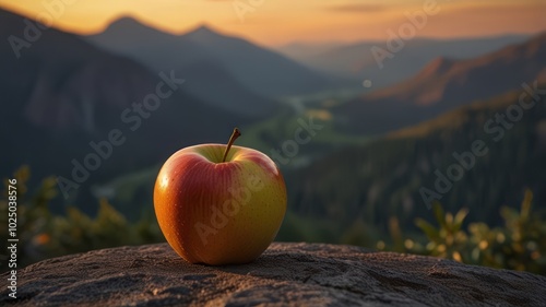 A single red apple sits on a rock in front of a mountain range at sunset.