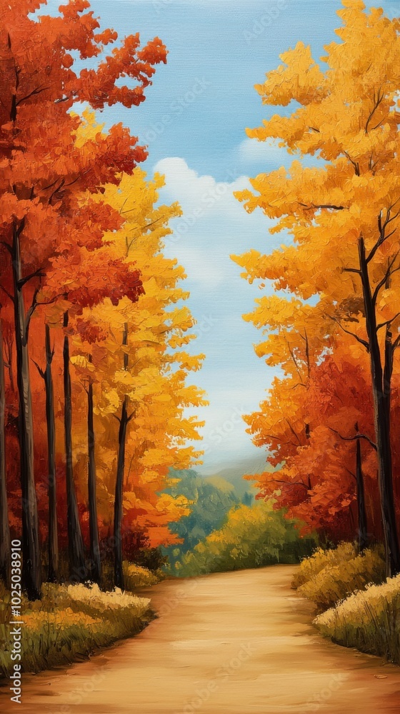 Fototapeta premium Colorful autumn forest path with orange and yellow leaves, serene and peaceful atmosphere.