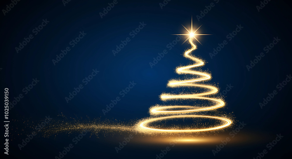 A minimalist Christmas card featuring a glowing, spiral-shaped tree with a shining star on top, set against a dark blue background. generative ai