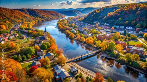 Aerial View of Harpers Ferry Historic Town and Park in West Virginia with Autumn Landscape and Potomac and photo