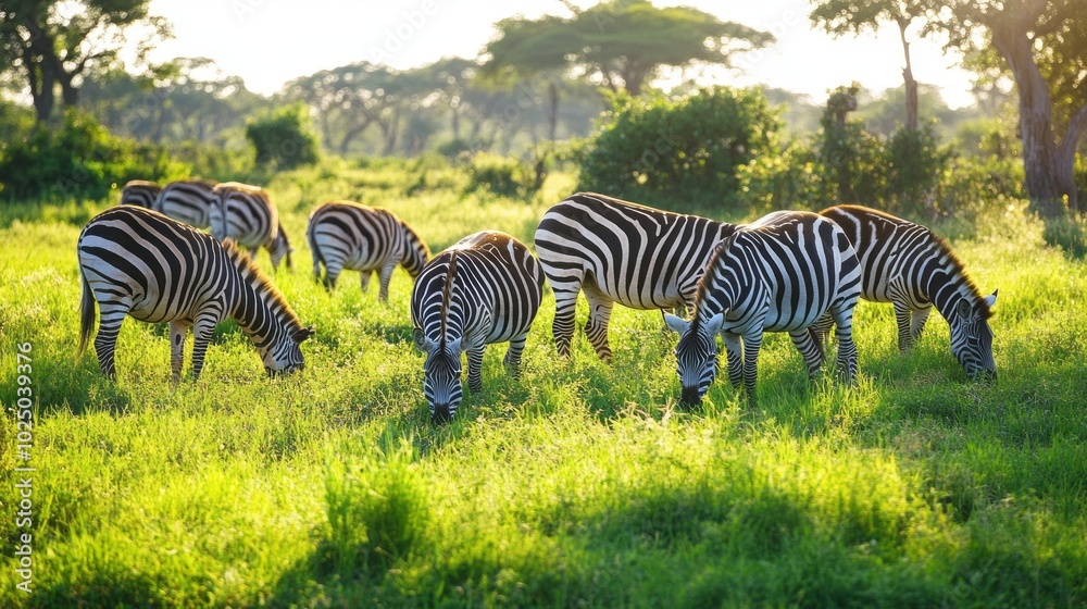 Fototapeta premium Zebras Grazing in Golden Savanna Light