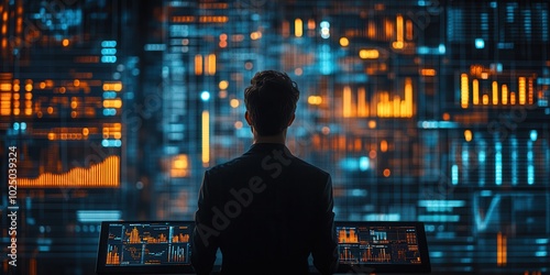 Businessman analyzing data on futuristic digital screens, focusing on financial trends and market insights in a high-tech environment.