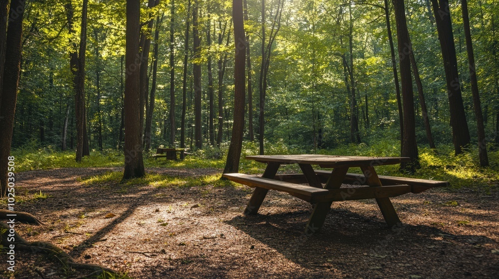 A unique outdoor meeting in a forest, with a wooden picnic table set up for a small group, surrounded by dappled sunlight and fresh air, enhancing focus and creativity A unique outdoor meeting in a forest, with a wooden picnic table set up for a small group, surrounded by dappled sunlight and fresh air, enhancing focus and creativity