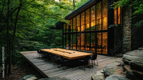 A unique corporate retreat in the forest, where a team is holding an outdoor meeting at a large wooden table, surrounded by nature, blending the beauty of the environment with productive discussions