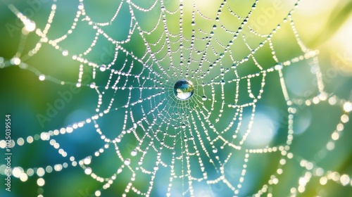 Sparkling Dew Drops on a Spiderweb in Morning Light