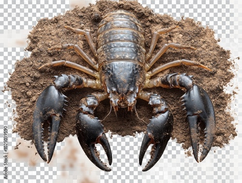 A large black crab emerges from the sandy earth in a vibrant natural habitat showcasing its powerful claws and intricate details photo