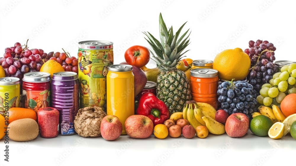 Close-up of supermarket essentials like canned goods and fresh fruit, isolated on a clean white background, representing grocery shopping concepts. Close-up of supermarket essentials like canned goods and fresh fruit, isolated on a clean white background, representing grocery shopping concepts.