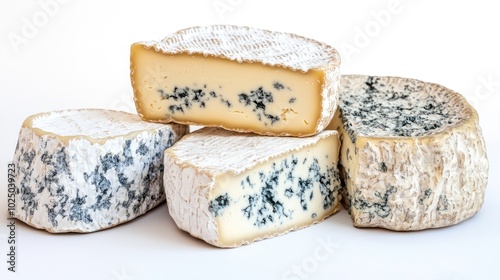 Close-up of soft and hard cheeses, such as Brie, Blue Cheese, and Swiss, arranged for a gourmet cheese platter on a clean white background.