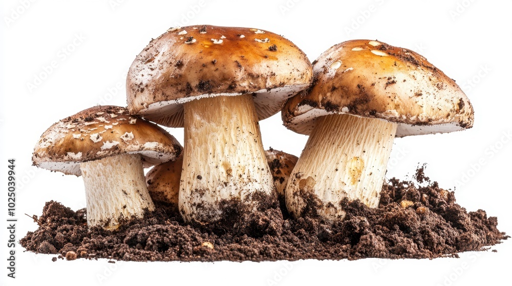 Mushrooms emerging from rich soil in a natural setting showcasing their earthy tones and textures during the growth season Mushrooms emerging from rich soil in a natural setting showcasing their earthy tones and textures during the growth season
