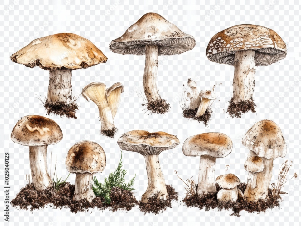 A captivating collection of various wild mushrooms showcasing unique shapes and colors found in an enchanted forest setting A captivating collection of various wild mushrooms showcasing unique shapes and colors found in an enchanted forest setting