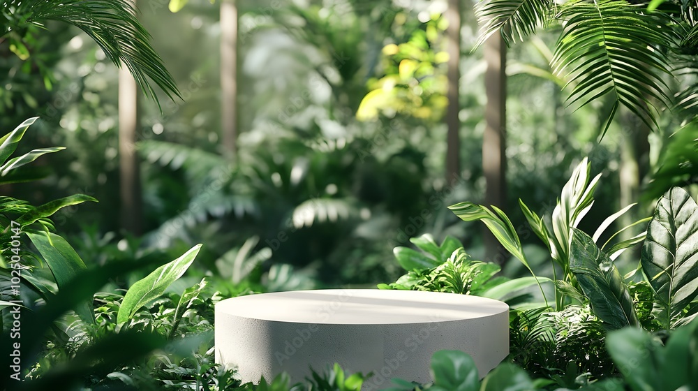 5. An elegant display of a podium pedestal in a tropical garden setting, surrounded by flourishing green plants, creating a perfect backdrop for showcasing natural and organic products with a focus 5. An elegant display of a podium pedestal in a tropical garden setting, surrounded by flourishing green plants, creating a perfect backdrop for showcasing natural and organic products with a focus