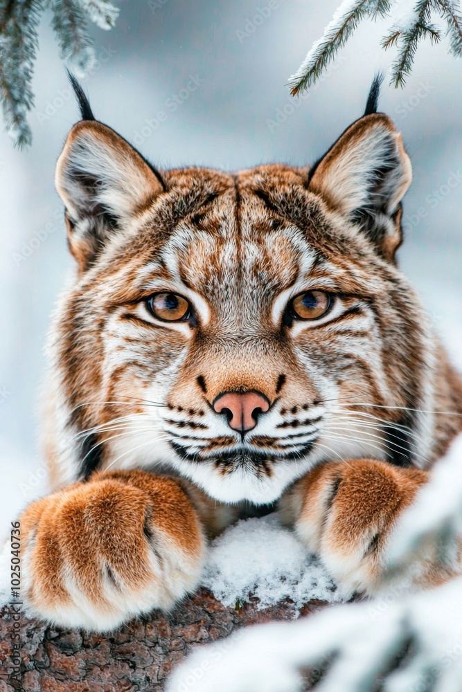 Lynx lounging in snow, showcasing its striking features, serene winter backdrop. Lynx lounging in snow, showcasing its striking features, serene winter backdrop.