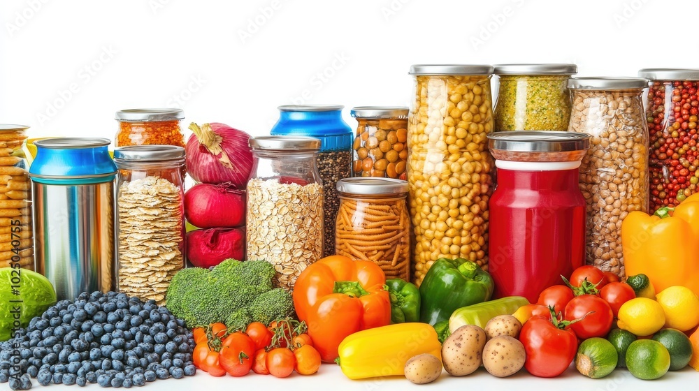 Supermarket items such as cereal boxes, fresh vegetables, and beverages arranged on a plain white background, perfect for food and shopping themes. Supermarket items such as cereal boxes, fresh vegetables, and beverages arranged on a plain white background, perfect for food and shopping themes.