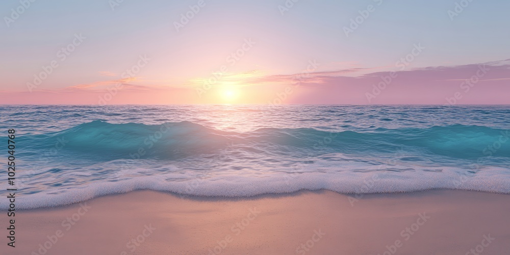 Obraz premium 美しい夕日の海岸線で波が優しく打ち寄せる瞬間の静かな風景