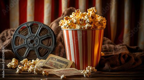 A classic movie night setup featuring popcorn, a film reel, and vintage tickets on display. National Popcorn Day concept