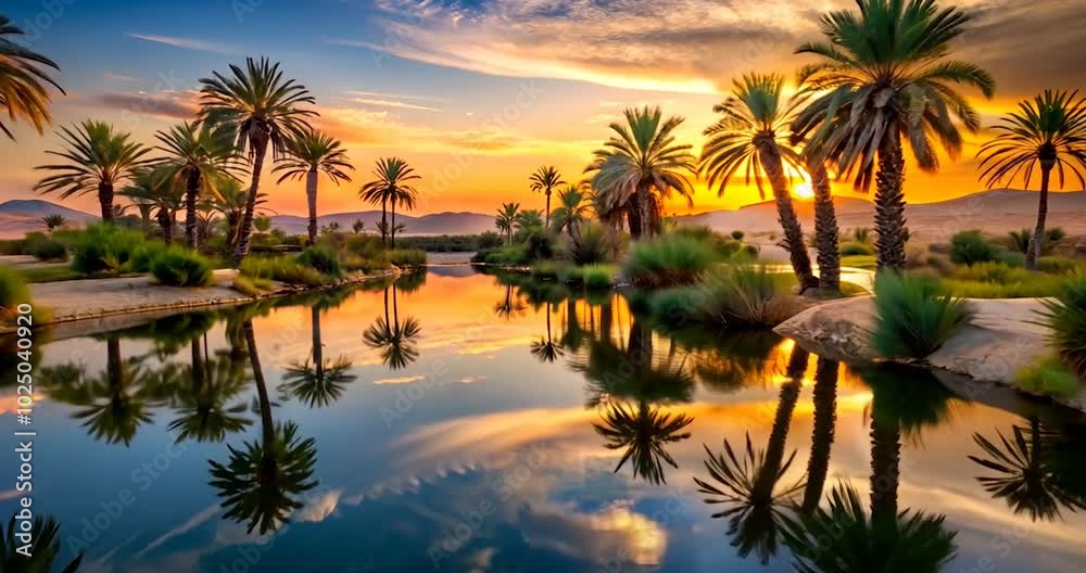 Tranquil Sunset Over Oasis Lush Palm Trees and Water Reflections Full HD 4k Video Download Tranquil Sunset Over Oasis Lush Palm Trees and Water Reflections Full HD 4k Video Download