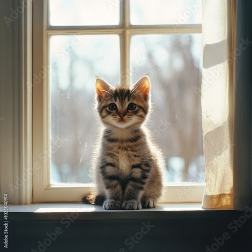 Wallpaper Mural Adorable Kitten Basking in Sunlight on Windowsill 2 Torontodigital.ca