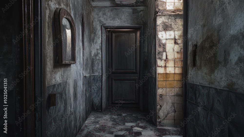 A Dark and Crumbling Hallway with a Closed Door A Dark and Crumbling Hallway with a Closed Door