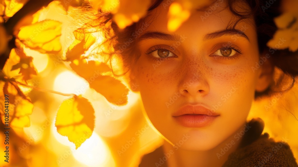 Fototapeta premium Autumn Glow Woman Framed by Golden Leaves