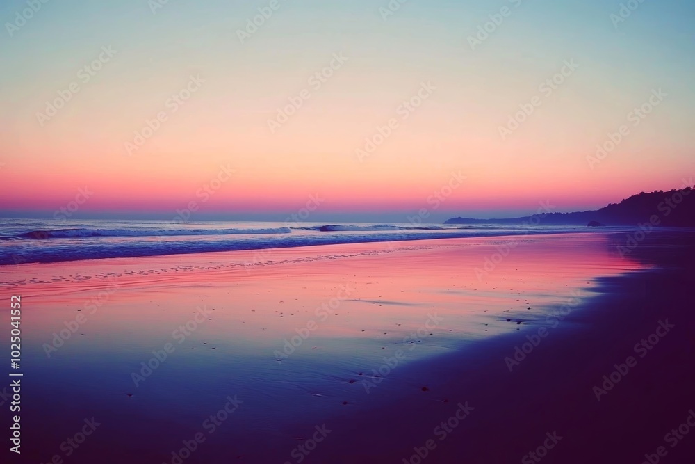 Fototapeta premium 美しい夕焼けが広がる浜辺で波が寄せる穏やかな海の景色