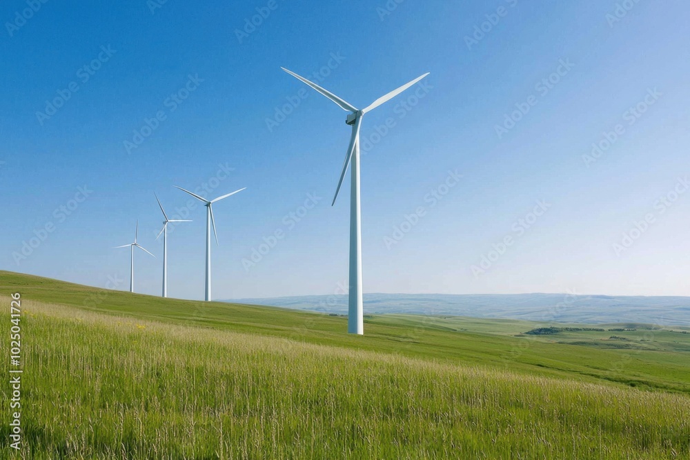 Wind turbines on a lush green hill under a clear blue sky. Wind turbines on a lush green hill under a clear blue sky.