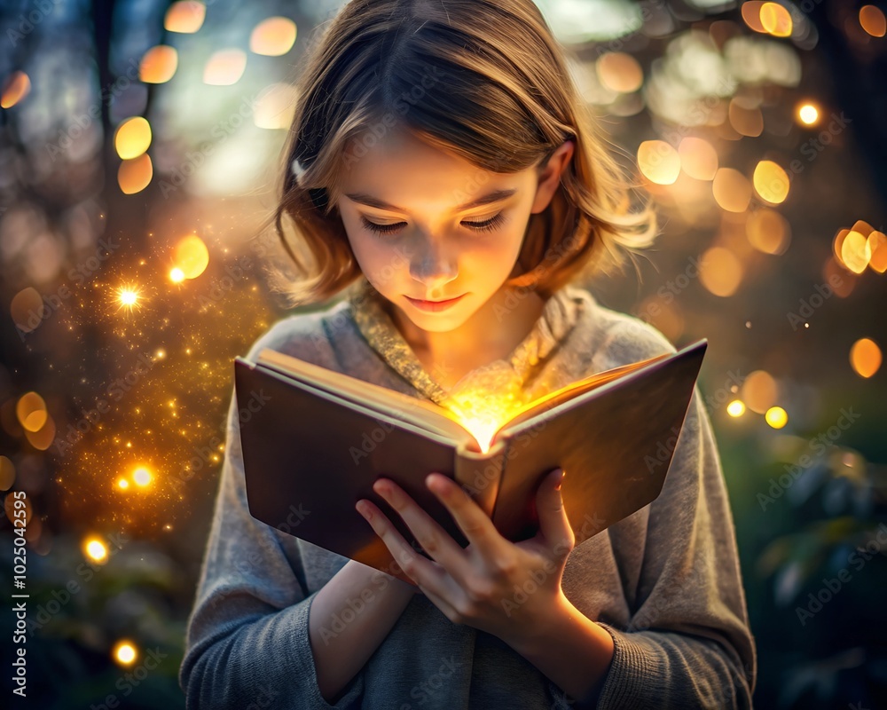 Enchanted scene of a young child writing in a glowing book, with magical sparks and lights surrounding them, symbolizing imagination, creativity, and wonder. Enchanted scene of a young child writing in a glowing book, with magical sparks and lights surrounding them, symbolizing imagination, creativity, and wonder.