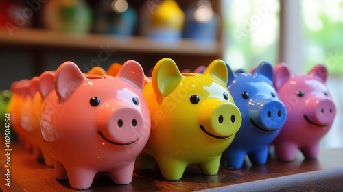 Colorful piggy banks lined up on a shelf, perfect for saving money and financial themes. Bright and cheerful savings concept image.