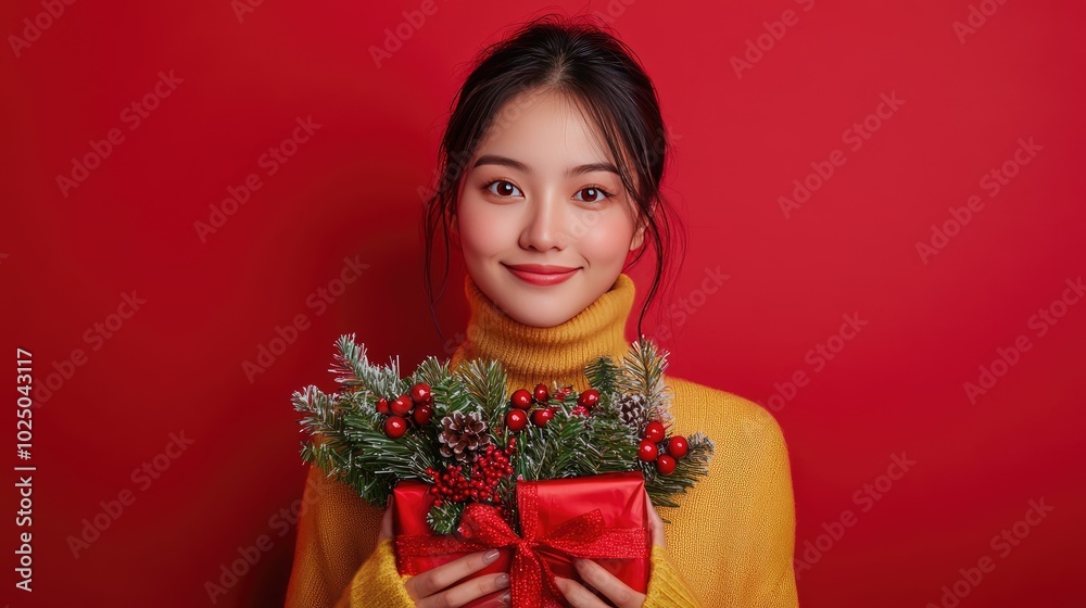 Satisfied young Asian woman enjoys New Year buzz. AI generated illustration. Satisfied young Asian woman enjoys New Year buzz. AI generated illustration.