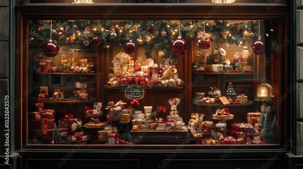 Shop window decorated with Christmas attributes. AI generated illustration. Shop window decorated with Christmas attributes. AI generated illustration.