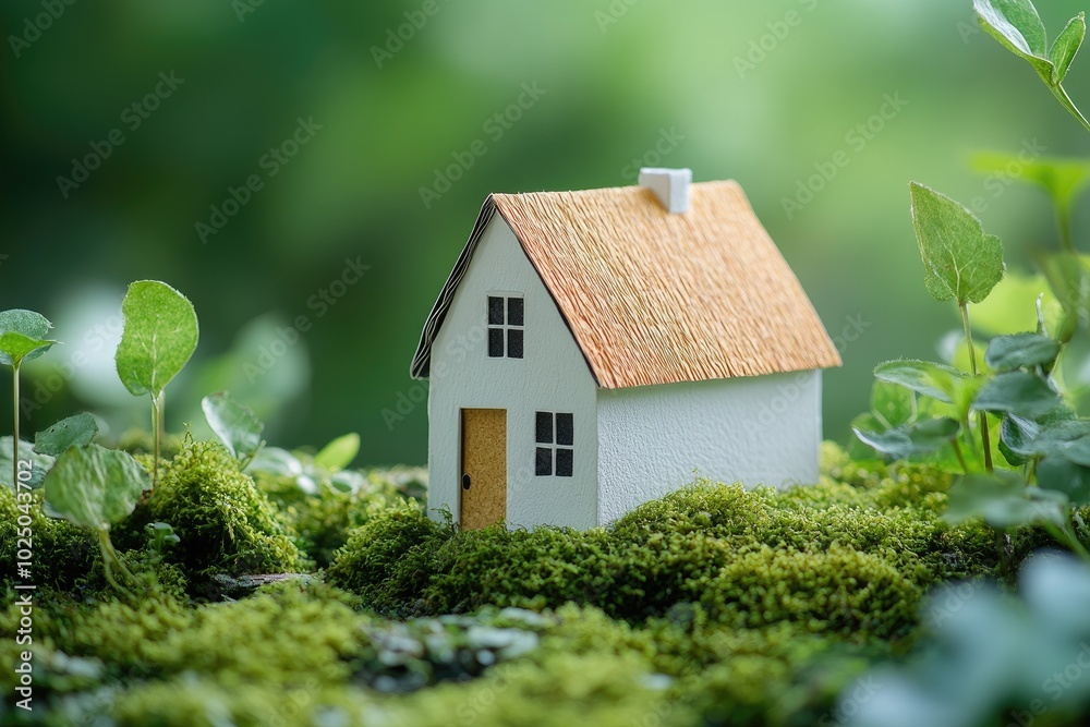 Miniature model house sitting on moss in nature setting Miniature model house sitting on moss in nature setting