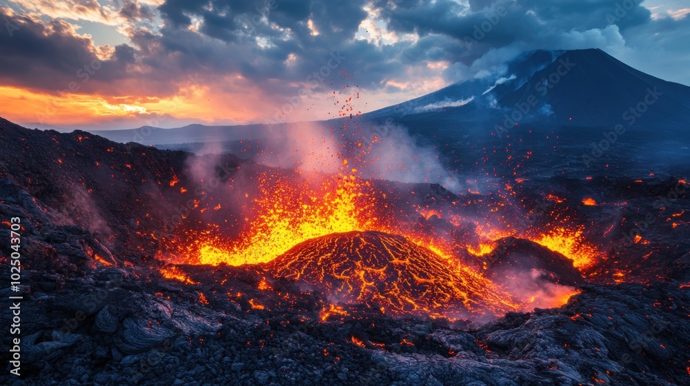 Majestic eruption of a volcano at sunset illuminating the night sky with vibrant lava and ash plumes Majestic eruption of a volcano at sunset illuminating the night sky with vibrant lava and ash plumes