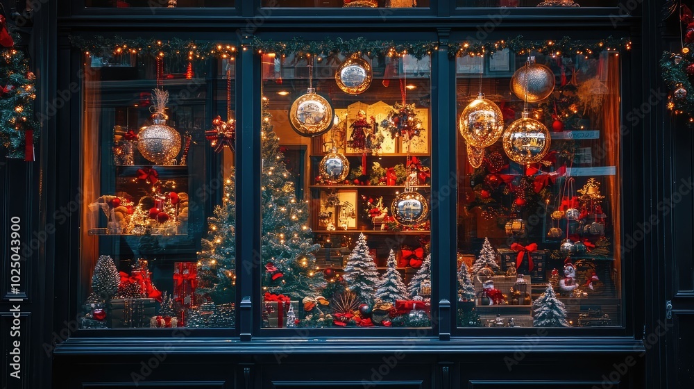 Shop window decorated with Christmas attributes. AI generated illustration.